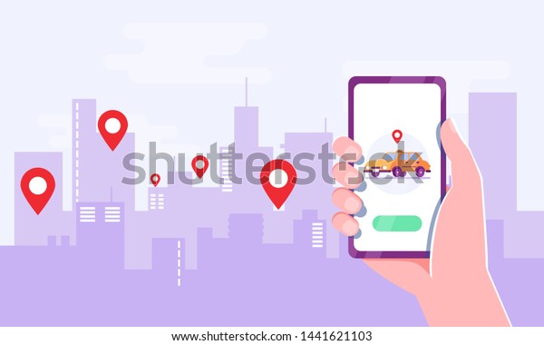 Online order taxi open mobile app on\
smartphone screen in hand. Man calling taxicab via cellphone\
application. Vector concept online transportation, mobile service\
illustration. Big city\
silhouette