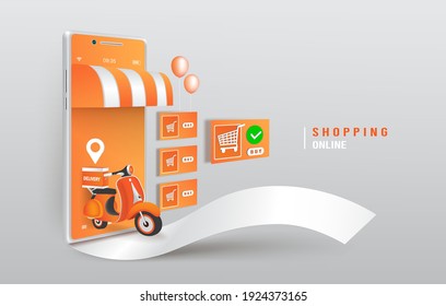 Online order template and delivery service,motorcycle shopping bag and smartphone for illustration shopping online advertising concept design