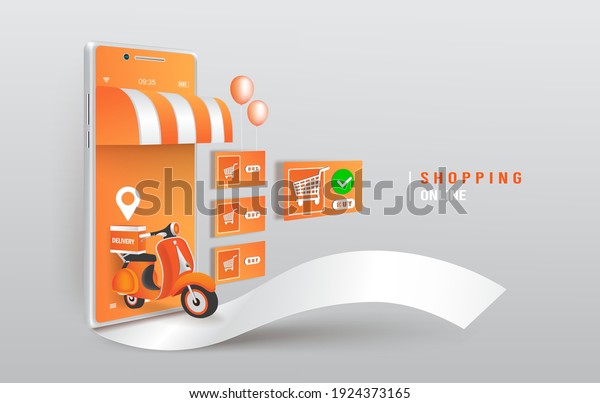 Online order template and delivery\
service,motorcycle shopping bag and smartphone for illustration\
shopping online advertising concept\
design