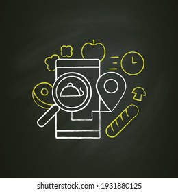 Online order tracking chalk icon. Online services food delivery. Restaurant or cafe map point. customer location map. GPS tracking.Isolated vector illustration on chalkboard