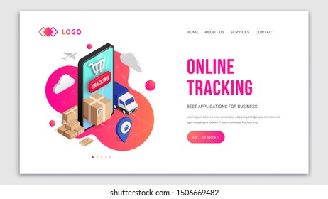 Online order tracking delivery service isometric web page concept with smartphone, parcel, truck on fluid background. Logistic shopping 3d vector illustration for web, ui, app, landing page, template
