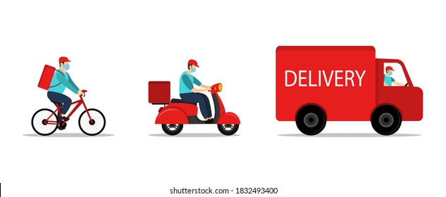 Online order tracking. Express delivery home and office. Truck, scooter and bicycle courier. Quarantine.