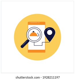 Icono plano de seguimiento de pedidos en línea. Entrega de alimentos por servicios en línea. Punto de mapa de restaurantes o cafés. mapa de ubicación del cliente. Seguimiento GPS. 3.ª ilustración vectorial