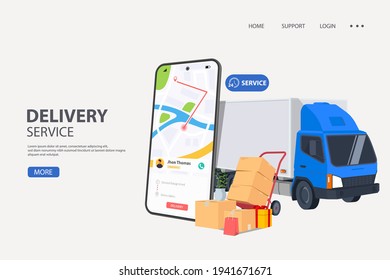 Online Order Tracking Or Freight Delivery Service Transportation Vector, Flat Cartoon Truck Automobile With Warehouse Parcel Packages And Cell Phone Or Phone City Map Pin Track