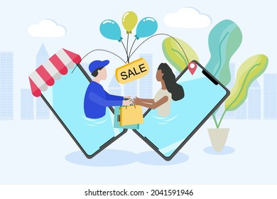 Seguimiento de pedidos en línea o vectores de transporte de servicios de entrega de carga con el hombre envió bolsas de compras a las mujeres en el diseño de teléfonos móviles para la venta de banners, concepto de compras en línea diseño plano.