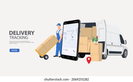 Online order tracking or freight delivery service transportation vector, flat cartoon truck automobile with warehouse parcel packages and cell phone