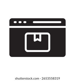 Ícone de rastreamento de pedido on-line com um pacote em uma janela do navegador da Web para status de envio de e-commerce e logística de entrega monitorando vetor ícone de glifo sólido