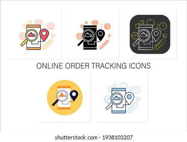 Online order tracking icons set. Online services food delivery. Restaurant or cafe map point. GPS tracking.Collection of icons in linear, chalk, flat, color, glyph styles.Isolated vector illustrations