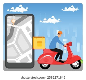 Online order tracking. Motorbike with delivery men. Express courier. Mail delivery service, postal employees determine geographic location using electronic devices. Flat vector modern illustration 