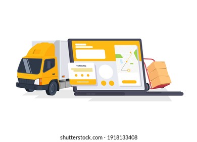 Online order tracking vector illustration. Laptop with open website app for order tracking with map. Fast respond delivery package shipping on mobile. E-store. Isolated on white background
