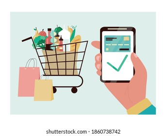 Concepto vectorial de pedido en línea. Pida con smartphone y paga con tarjeta de crédito.  Ilustración vectorial. 