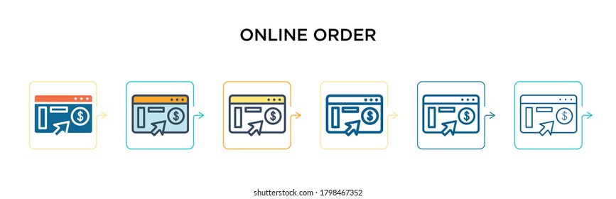 Online order vector icon in 6 different modern styles. Black, two colored online order icons designed in filled, outline, line and stroke style. Vector illustration can be used for web, mobile, ui