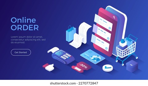 Online order via phone. Online shopping concept. Ordering system app on the screen. Shopping cart with cardboard boxes, shopping bags. Credit card, bill. Isometric landing page. Vector web banner.