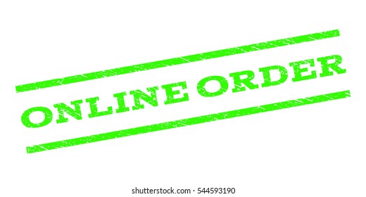 Online Order watermark stamp. Text tag between parallel lines with grunge design style. Rubber seal stamp with unclean texture. Vector light green color ink imprint on a white background.