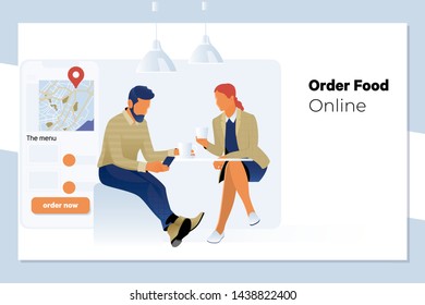Online order, Young beautiful couple in kitchen ordering food online from restaurant.Vector illustration