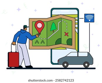 Online ordering car, rent and sharing using service mobile application. A man pointing a location on big maps with screen of smartphone. Route and points location on a city map on the car and urban