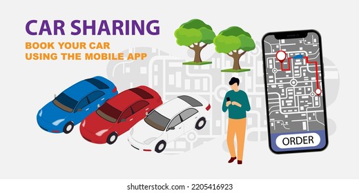 Online ordering car sharing and rental services. Rent and sharing using service mobile application. Taxi car app, Man holding smartphone display the route and points location on a city map. Vector.