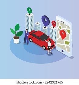 Online ordering - city car sharing isometric 3d vector illustration concept for banner, website, illustration, landing page, flyer, etc.