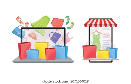 Online ordering of clothes with smartphone and laptop set. Online store, electronic commerce concept vector illustration