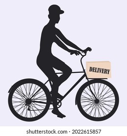 Online ordering concept. Express delivery. Courier on bike delivers package - black on white background - vector.