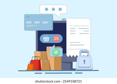 conceito de pedido on-line. fazer compras on-line e encomendar mercadorias através de aplicativos móveis. Conceito de pagamento móvel, compras online e comércio eletrônico. Ilustração vetorial moderna em estilo plano.