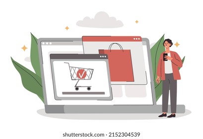 Online Ordering Concept. Young Woman Places Orders On Internet. Modern Technologies And Digital World. Home Delivery And Convenient Service. Store Or Market. Cartoon Flat Vector Illustration