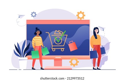 Online ordering concept. Young women with bags in their hands stand against background of large monitor with cart. Delivery of goods and clothing. Remote shopping. Cartoon flat vector illustration