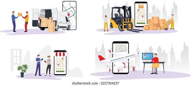 Online ordering, delivery administration process at logistics warehouse, online goods delivery, logistics delivery process via transportation, vector flat style illustration