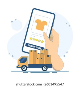 Online Ordering and Delivery Concept. Holding Mobile Phone and Delivery Car. Delivery service. Online parcel tracking. Mobile app. Flat Design Illustration in the background.
