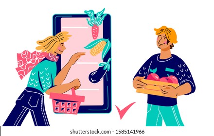 Online ordering and delivery of ecological and farmers products concept with people characters. Buyer shopping food in mobile app and farmer, flat cartoon vector illustration isolated on background.