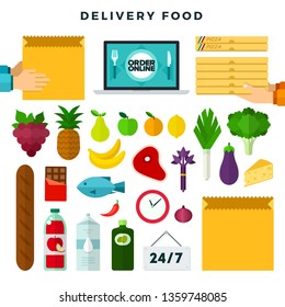 Online ordering and delivery food, set of icons. Grocery delivery. Laptop with web application for ordering food, package, box, vegetables, fruits, meat, fish, bread, cheese, milk. Vector illustration