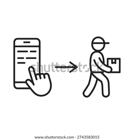 Online ordering and delivery process depicted with a phone and courier