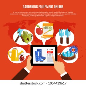 Online ordering equipment and seeds for gardening in spring flat background vector illustration