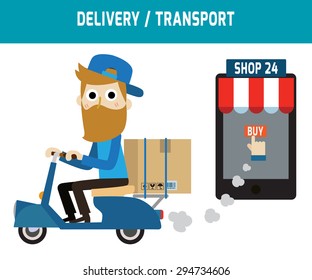 online ordering and fast delivery service.
Goods delivery man hipster is riding  motorbike.
