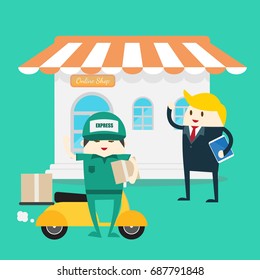 on-line ordering and fast delivery service. Goods delivery man hipster hold box and motorbike.