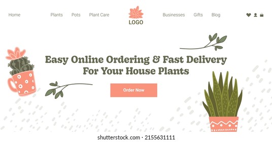 Pedidos en línea y entrega rápida para su casa, plantas y flores con descuento. Cactus en olla y floreciente flor. Plantilla de página de aterrizaje del sitio web, Internet en línea. Vector de estilo plano