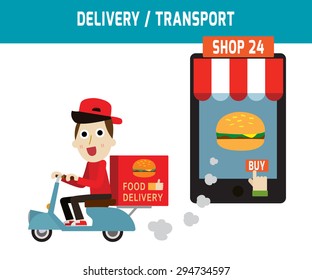 online ordering and fast food delivery service.
Goods delivery man hipster is riding  motorbike.