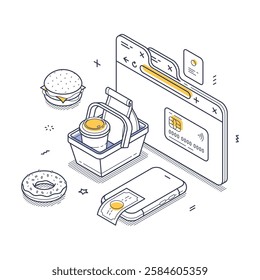 Online ordering for fast food and groceries. It features a shopping basket, payment methods, and various food items prominently displayed. Modern isometric line art vector illustration