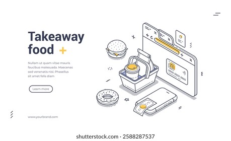 Online ordering for fast food and groceries. It features a shopping basket, payment methods, and various food items prominently displayed. Modern isometric line art web banner, landing page template