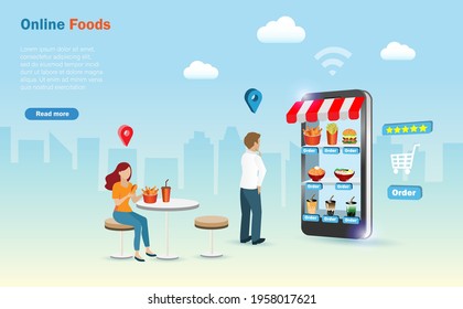 Online ordering fast foods on smart phone food delivery application. Man choosing foods on mobile screen. People lifestyle, e-commerce, landing page, web page, template design.