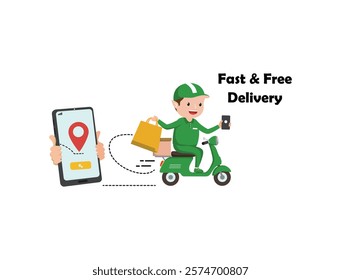 Online Ordering and Fast, Free Delivery Service Illustration – Reliable Courier on Green Scooter Delivering Packages from Mobile App Orders