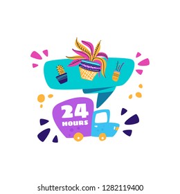 Online ordering flowers. Room flowers in a frame. Concept - flower, plant delivery. Cartoon vector.