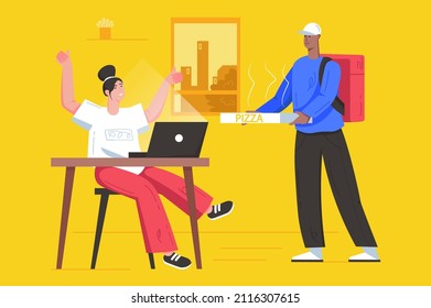 Online ordering and food delivery modern flat concept. Courier gives box of hot pizza to client. Fast shipping of dishes to work or home. Vector illustration with people scene for web banner design