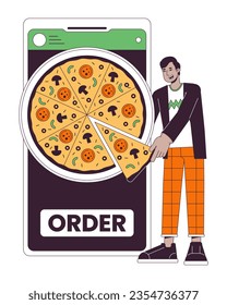 Online ordering food flat line concept vector spot illustration. Man buying pizza by smartphone 2D cartoon outline character on white for web UI design. Editable isolated color hero image