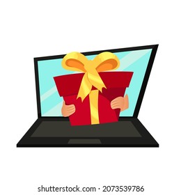 Online ordering of gifts using a laptop. Home delivery, office shopping. Vector illustration isolated on white background.