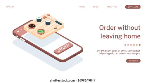 Online ordering Japanese food through the app on your smartphone. Fast delivery of rolls when ordering through the website. Isometric illustration with web design elements.