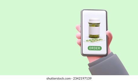 Pedidos online de medicamentos. Aplicación telefónica para reservar pastillas. Búsqueda y selección remota de medicamentos a mejor precio. Mano 3D con smartphone con aplicación de farmacia