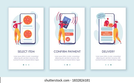 Online Ordering Of Pizza Page Screen Template. Item Selection, Contactless Payment By Credit Card, Order Delivery. Cartoon Flat Vector Illustration Of A Woman And A Large Smartphone.