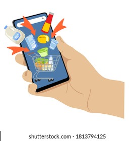 Online ordering of products. Order organic food, fresh vegetables and fruit via internet using smartphone. App for an online grocery store and delivery. Online ordering of products Vector illustration