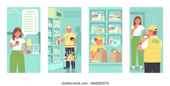 Online ordering of products from supermarket. Woman places an order an application on the phone, grocery store workers collect products, courier delivers goods to a client. Home food delivery service